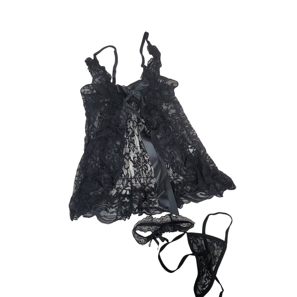 Black Lace Babydoll Lingerie Set Womens Medium Sheer Thong 2 Piece